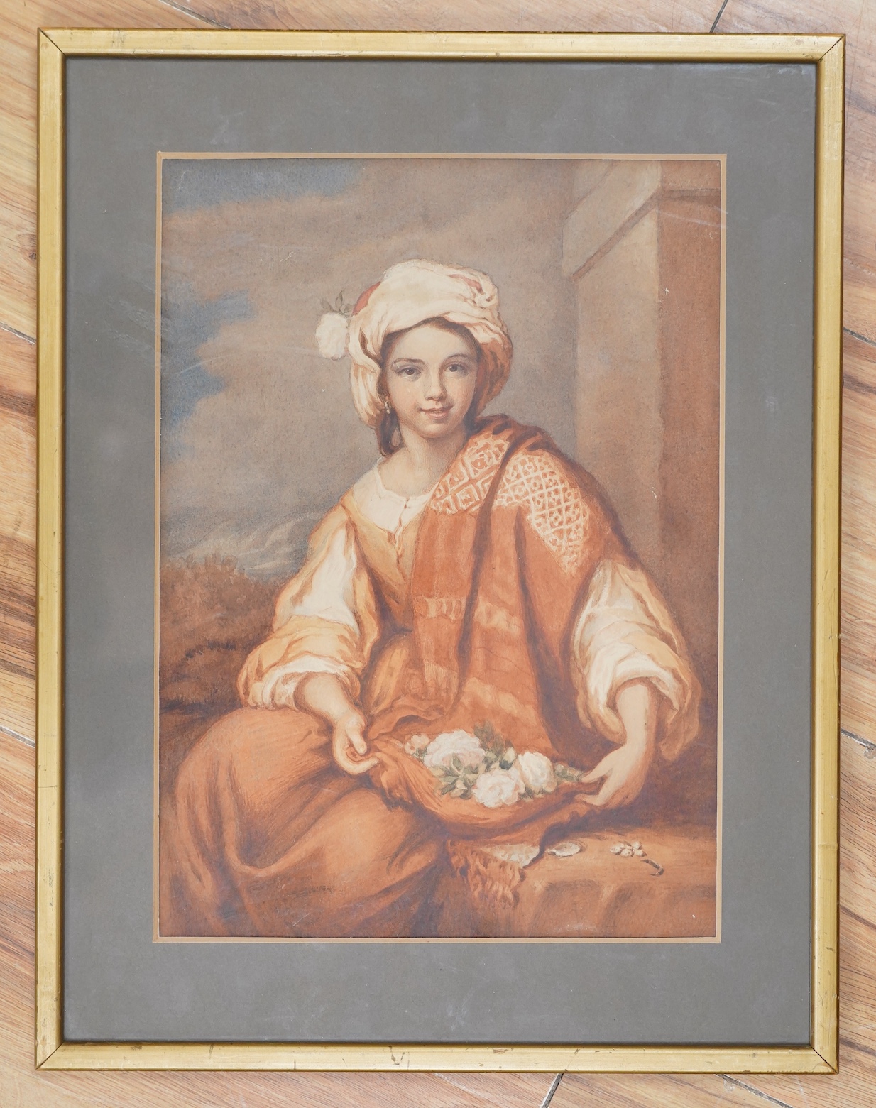After Bartoleme Esteban Murillo (Spanish, 1618-1682), watercolour, Portrait of a girl with flowers, 34 x 24cm. Condition - fair, some staining and discolouration